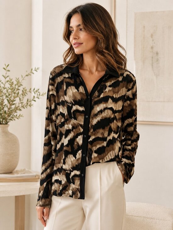 JM Collection Tops - JM Collection Brown Black Animal Print Snap Front Blouse | M